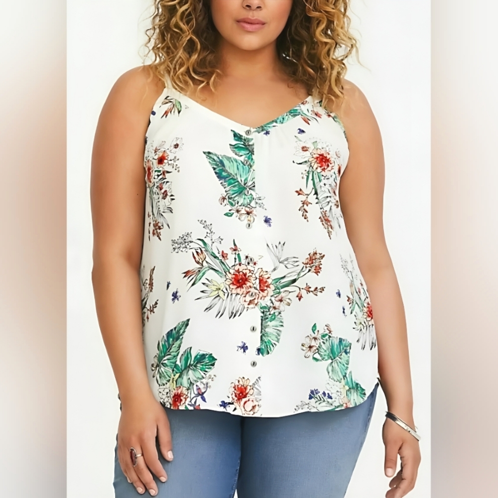 Torrid White Tropical Floral Button-Front Cami Tank Top – Size 00 -M/L - Size 10